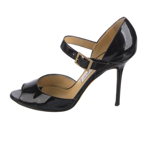 Jimmy Choo Black Patent Leather Peep Toe Ankle Strap Pump Heels - Picture 1 of 12
